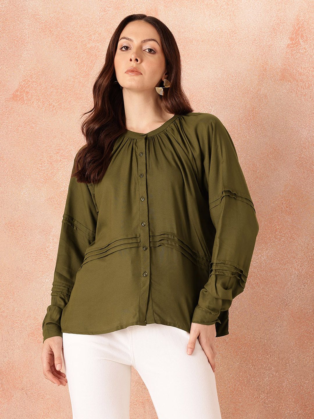 all about you Pin Tucks Raglan Sleeves Casual Shirt