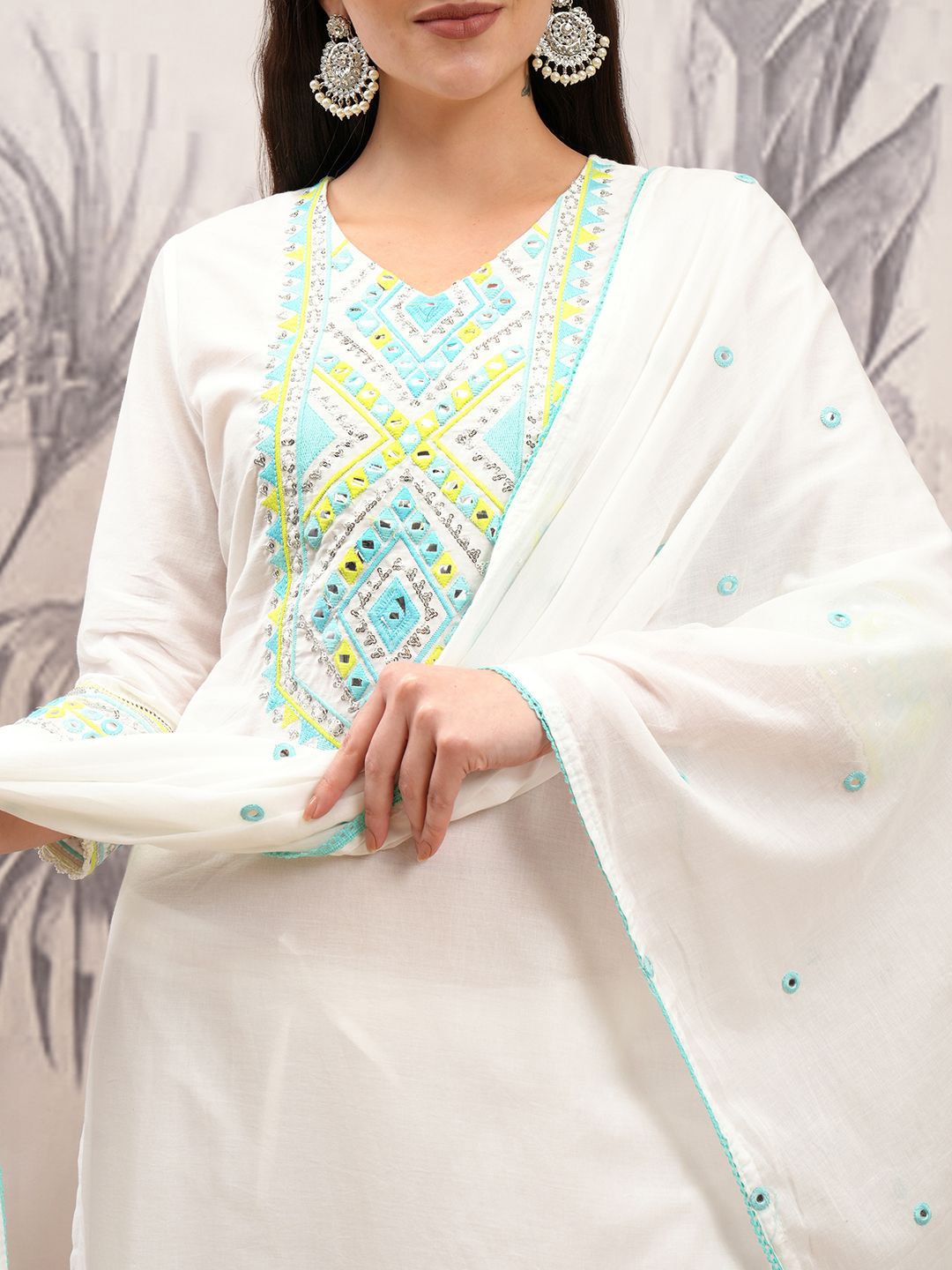 Vishudh Floral Embroidered Regular Thread Work Pure Cotton Kurta with Trousers & Dupatta