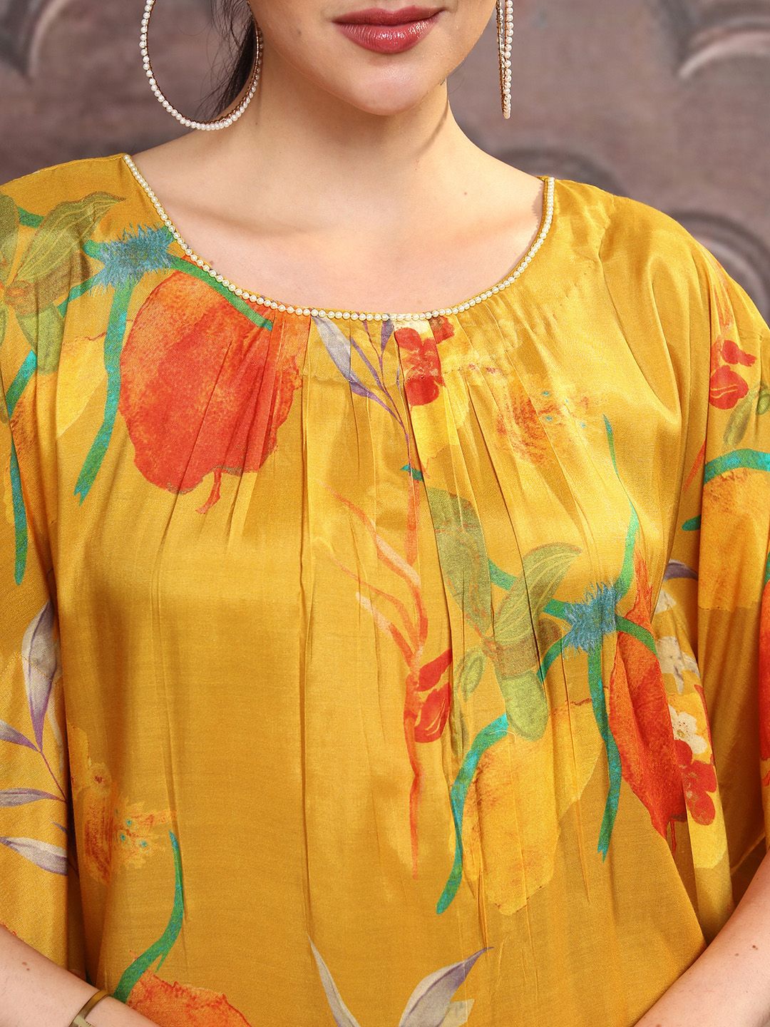 Vishudh Mustard Yellow & Red Floral Printed Straight Kurta with Trousers