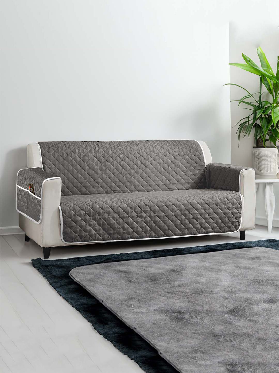 Cortina Brown & Grey Quilted 3 Seater Reversible Sofa Cover With Arms