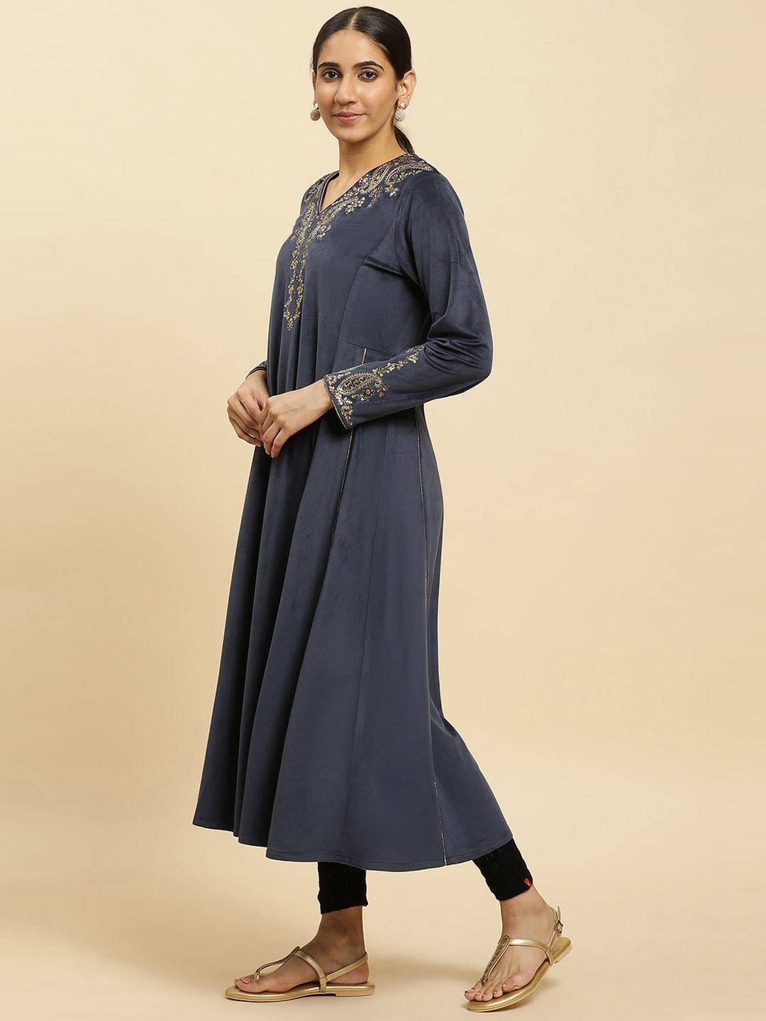 W Navy Blue Paisley Yoke Design Sequinned Anarkali Kurta