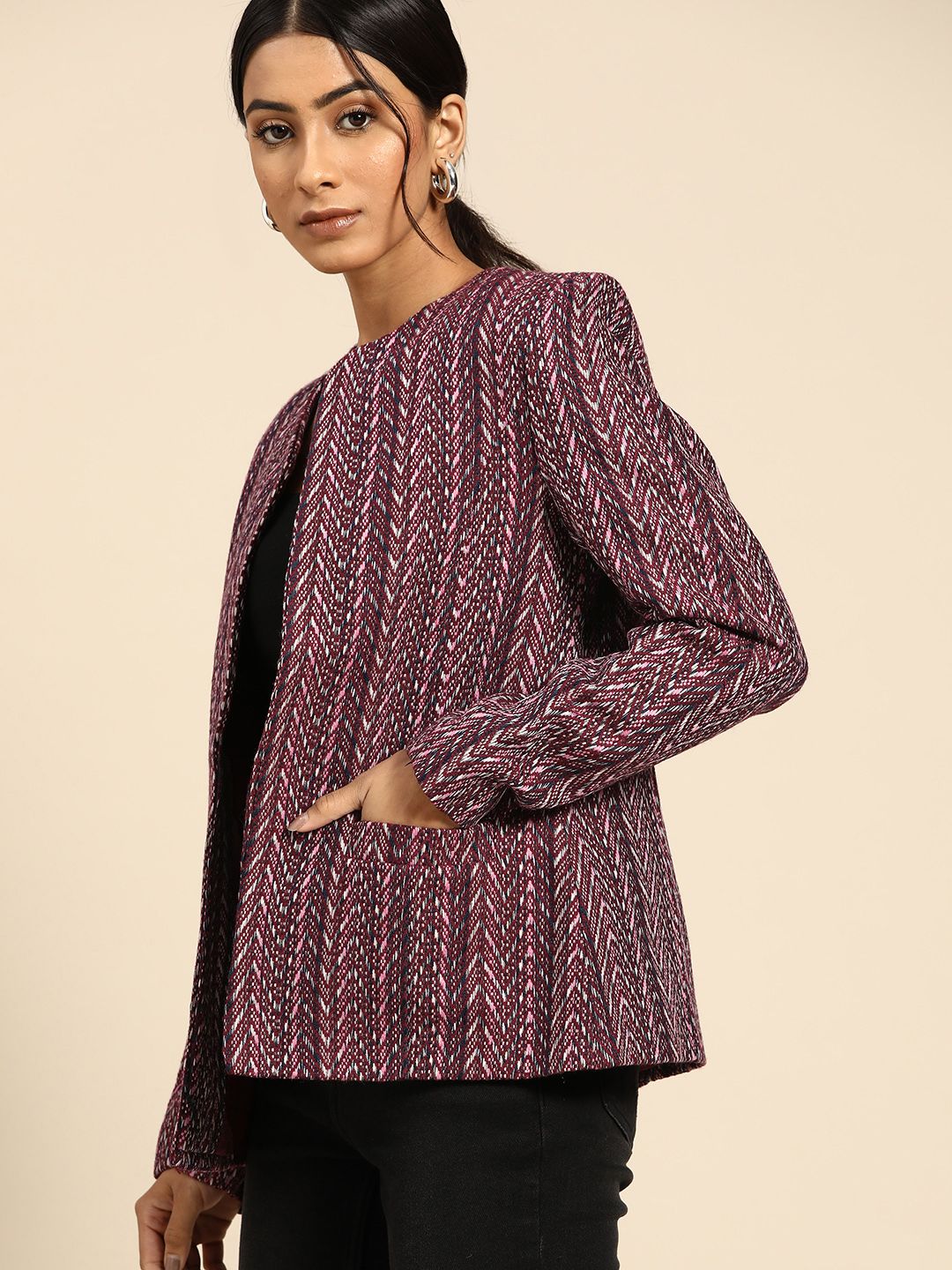 all about you Women Maroon Navy Blue Striped Open Front Jacket
