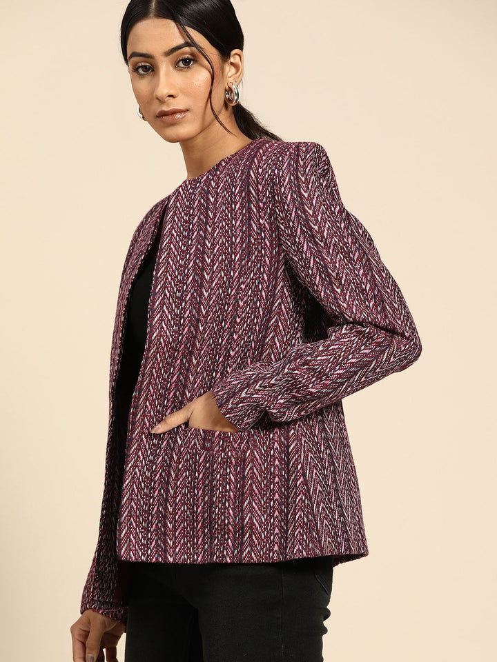 all about you Women Maroon Navy Blue Striped Open Front Jacket
