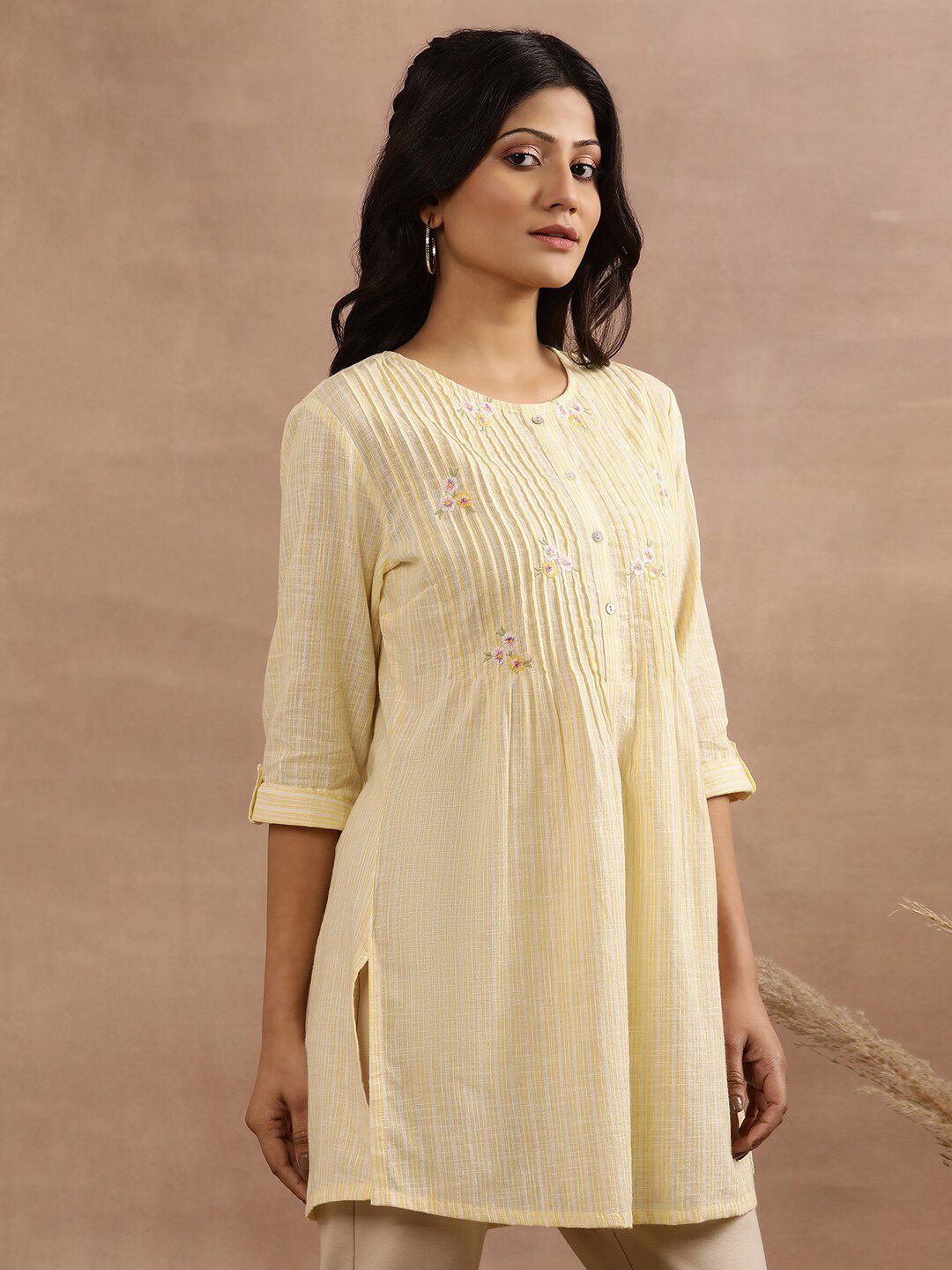 W Floral Embroidered Roll Up Sleeves Pure Cotton Tunic