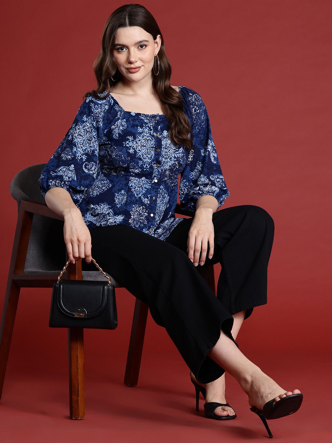 all about you Ethnic Print Puff Sleeve Top
