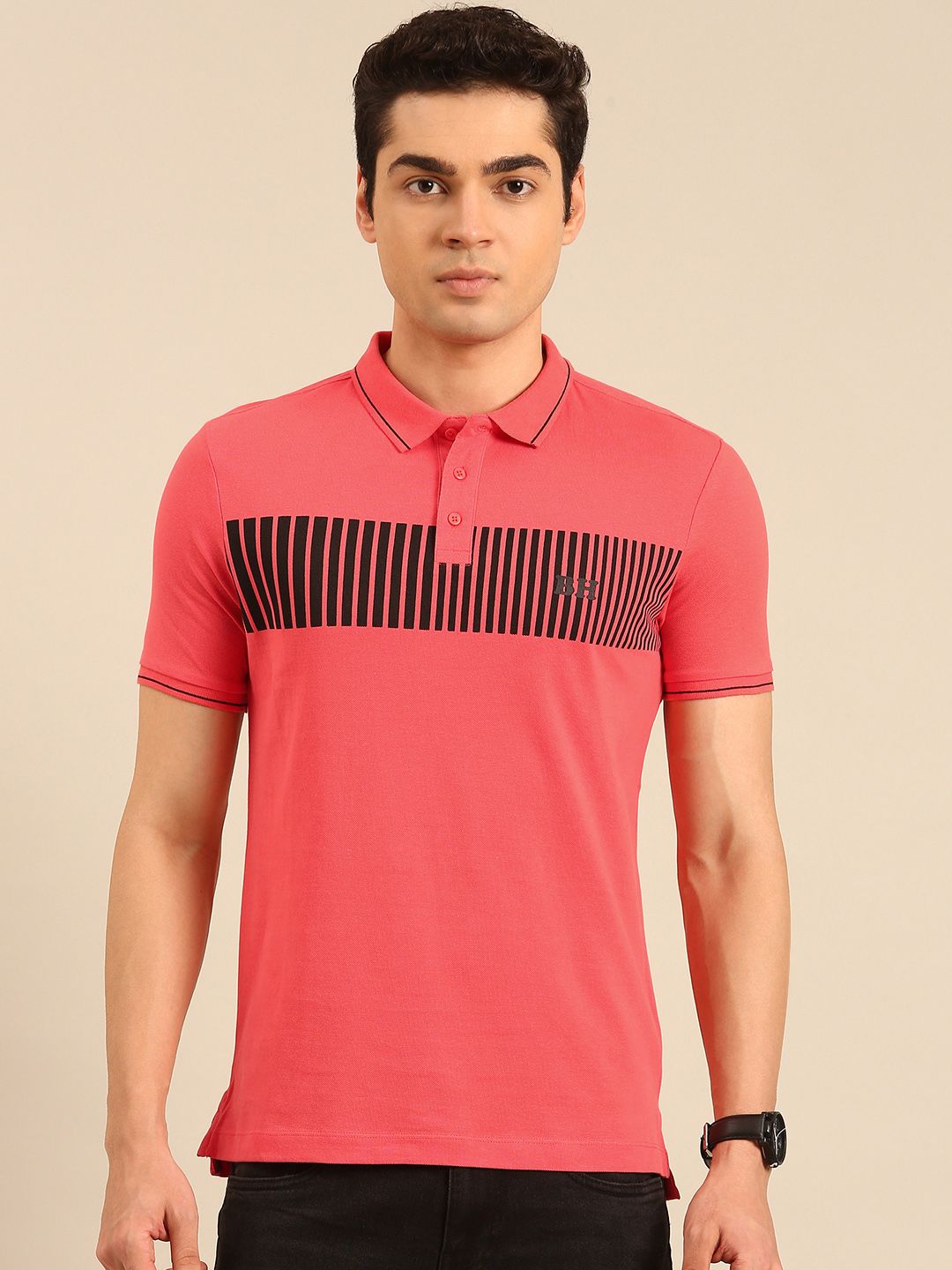 Being Human Striped Polo Collar Pure Cotton T-shirt