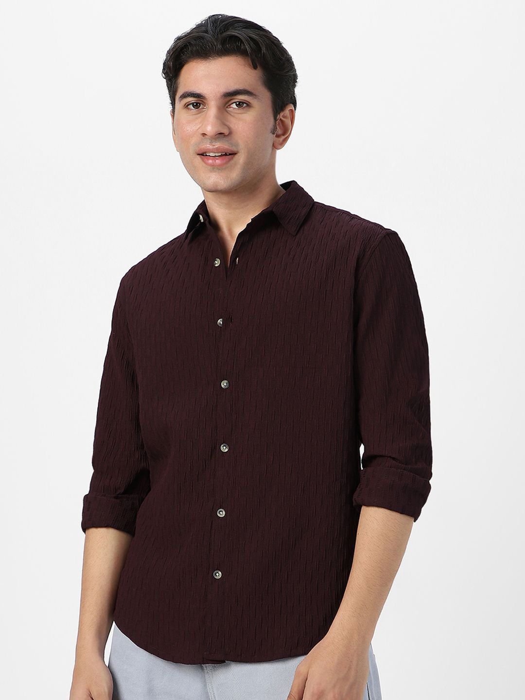 Urbano Fashion Men Spread Collar Textured Cotton Casual Shirt