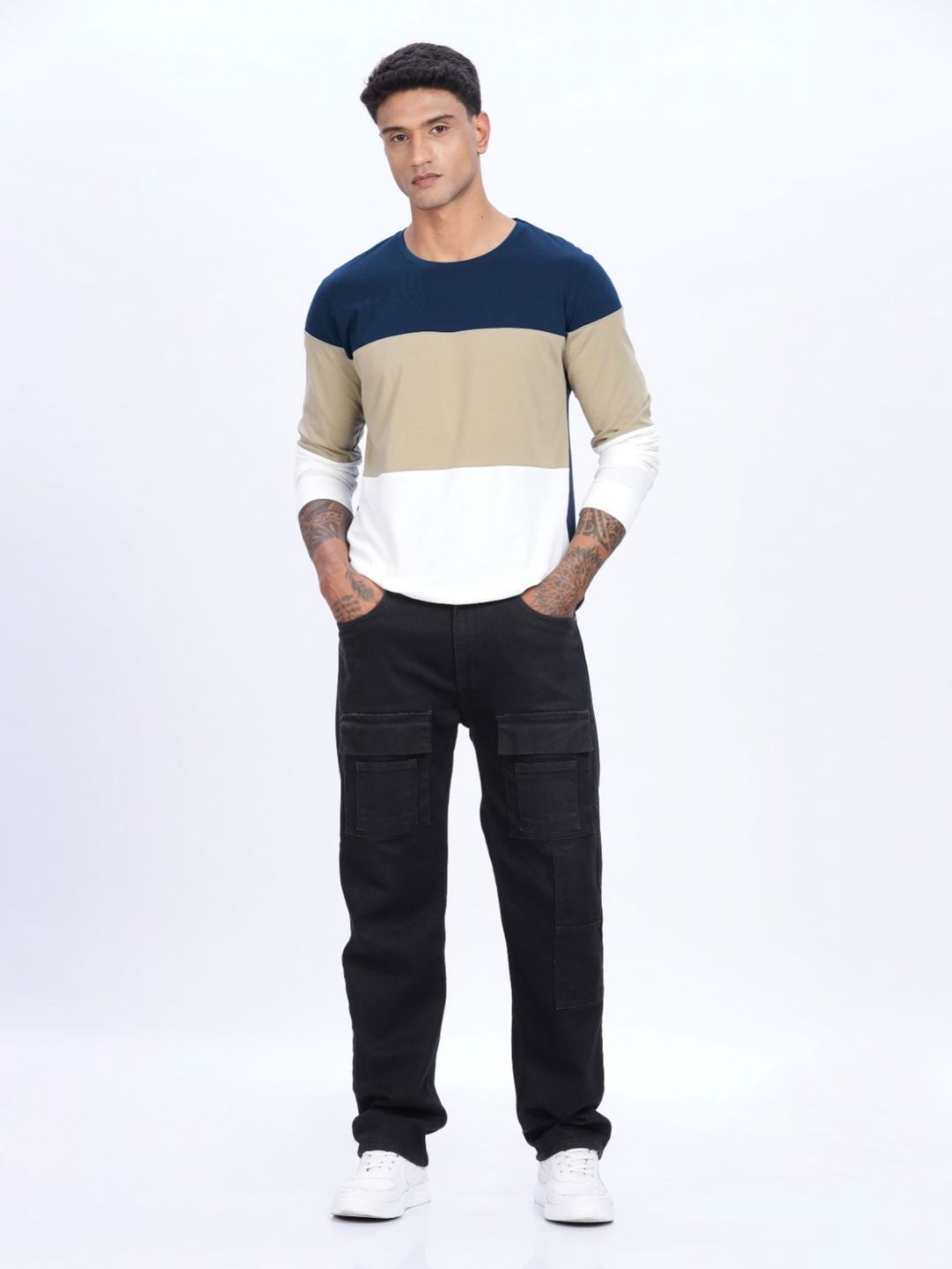 ADRO Men Colourblocked Round Neck Cotton T-shirt