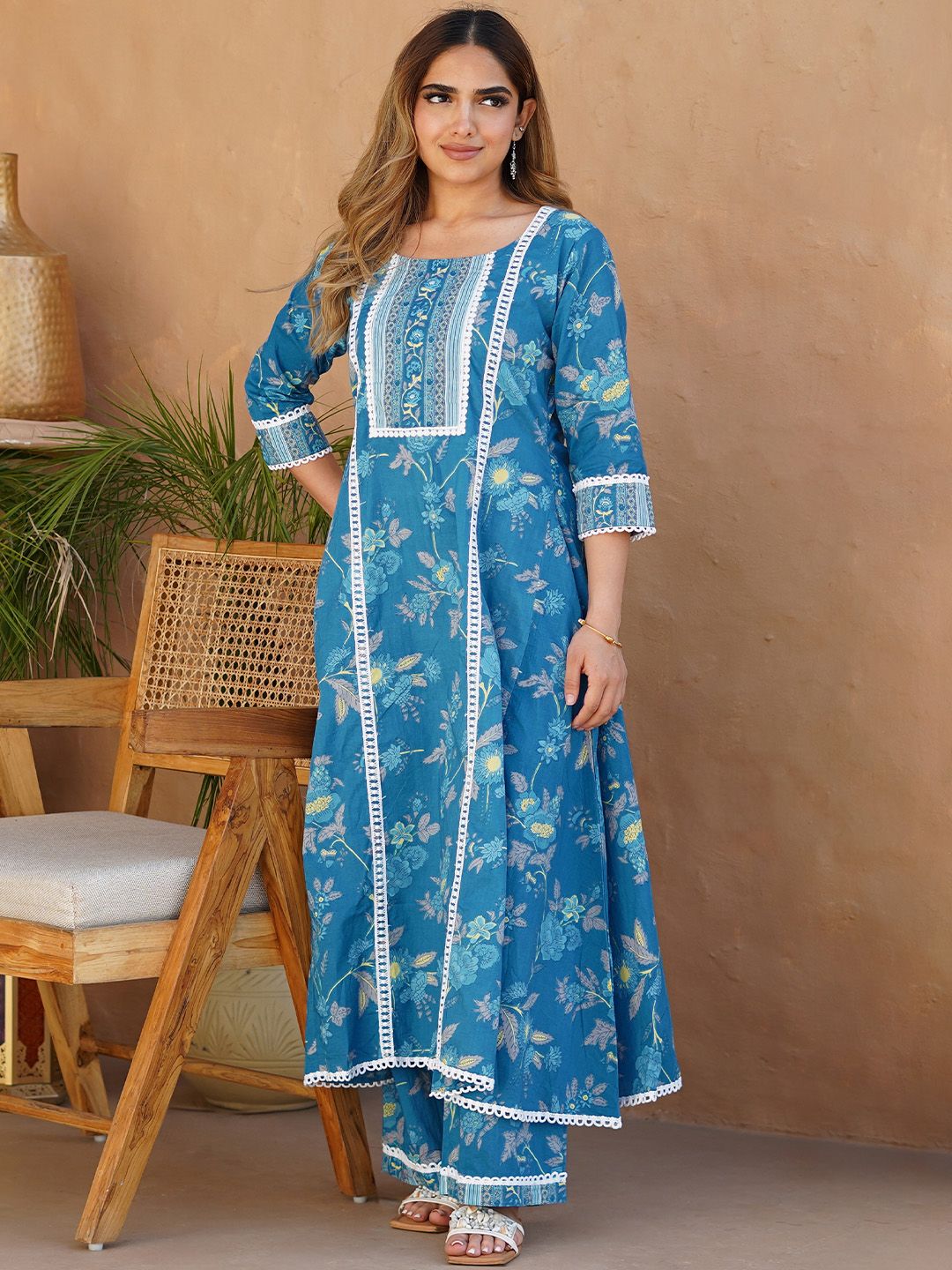 Libas Floral Printed Panelled Pure Cotton Kurta with Palazzos