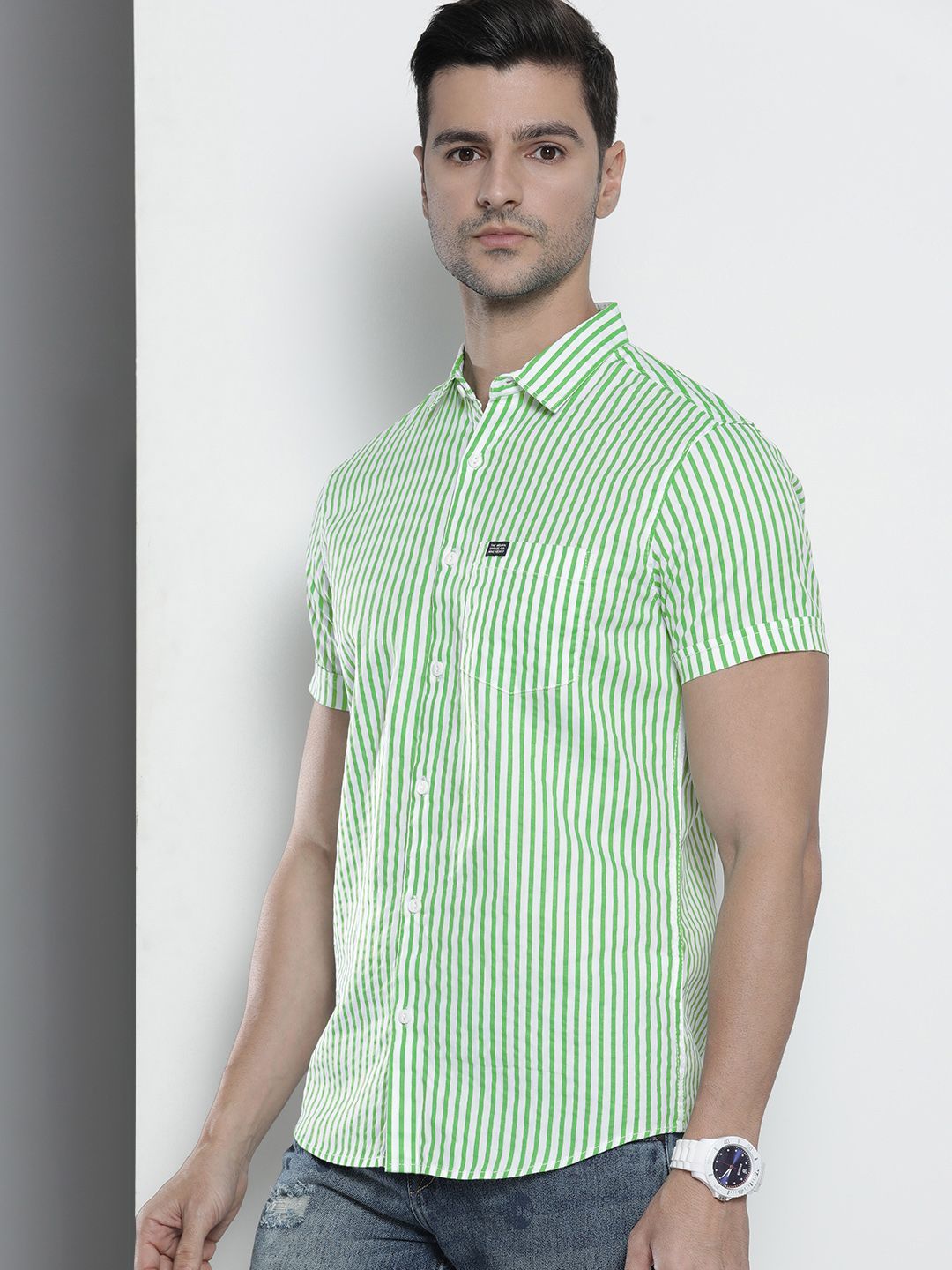 The Indian Garage Co Men Green Comfort Striped Cotton Casual Shirt