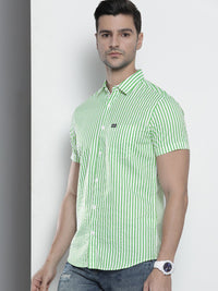 The Indian Garage Co Men Green Comfort Striped Cotton Casual Shirt