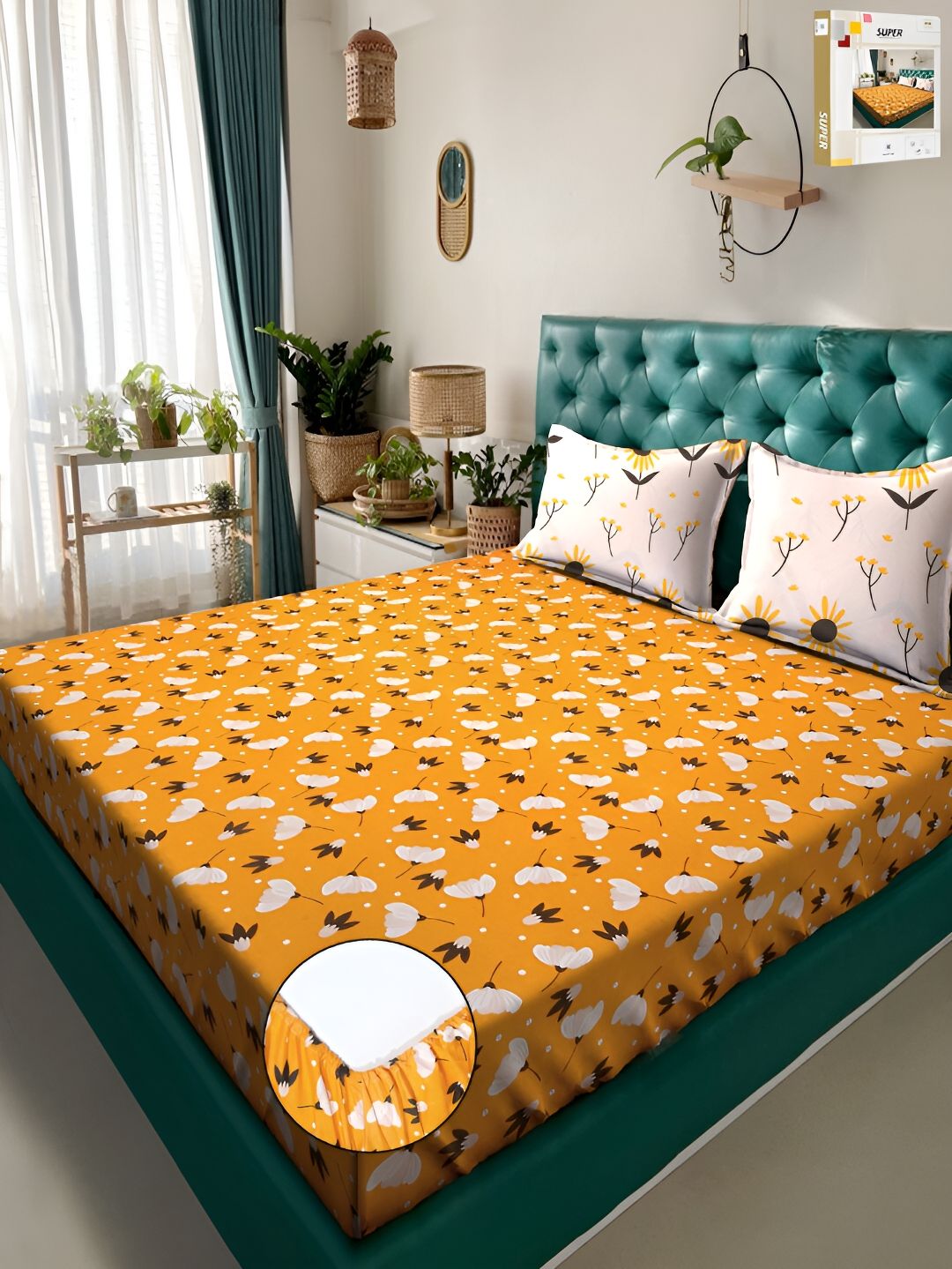 KLOTTHE Yellow & White Floral Printed 300TC Dilengkapi Cadar King Double Dengan Sarung Bantal