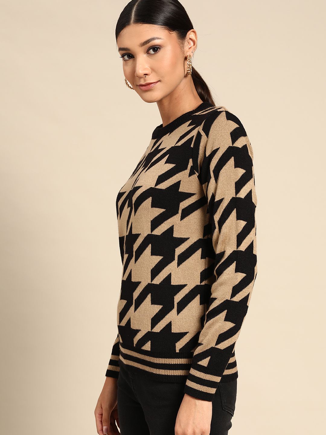 all about you Women Beige & Black Geometric Printed Pullover