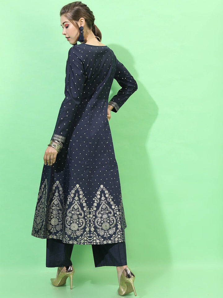 Vishudh Women Navy Blue Floral Embroidered Empire Kurta with Palazzos