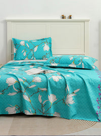 Story@home Sea Green White Floral 144 TC Cotton 1 Queen Bedsheet with 2 Pillow Covers
