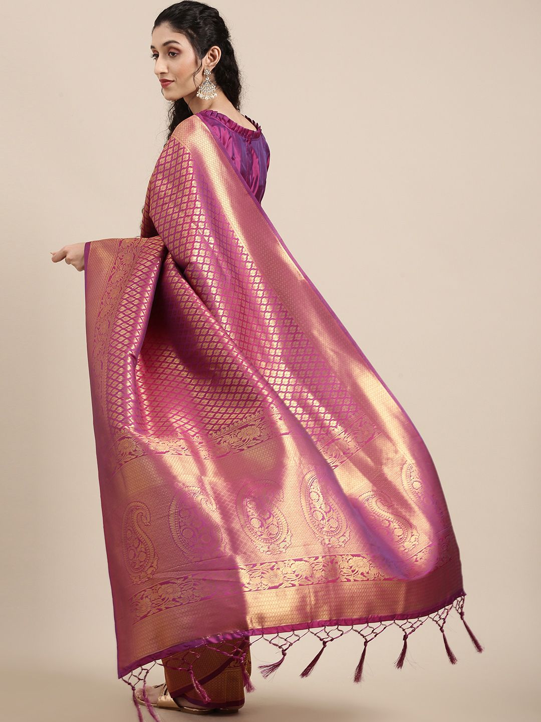 Saree mall Magenta Ethnic Motifs Zari Silk Blend Banarasi Sarees