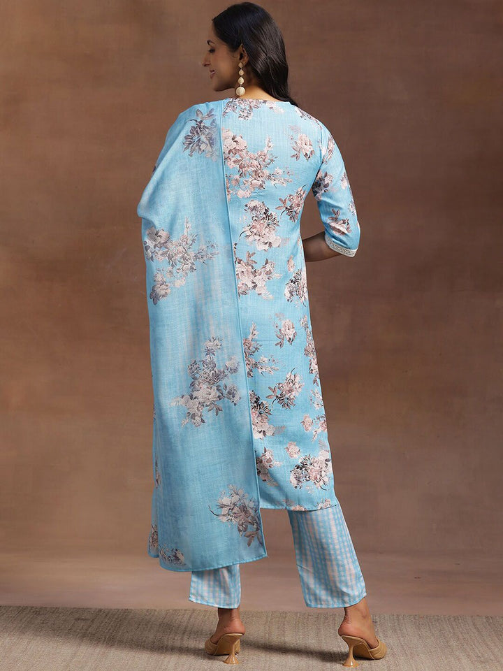 Libas Floral Printed Regular Thread Work Kurta With Trousers & Dupatta