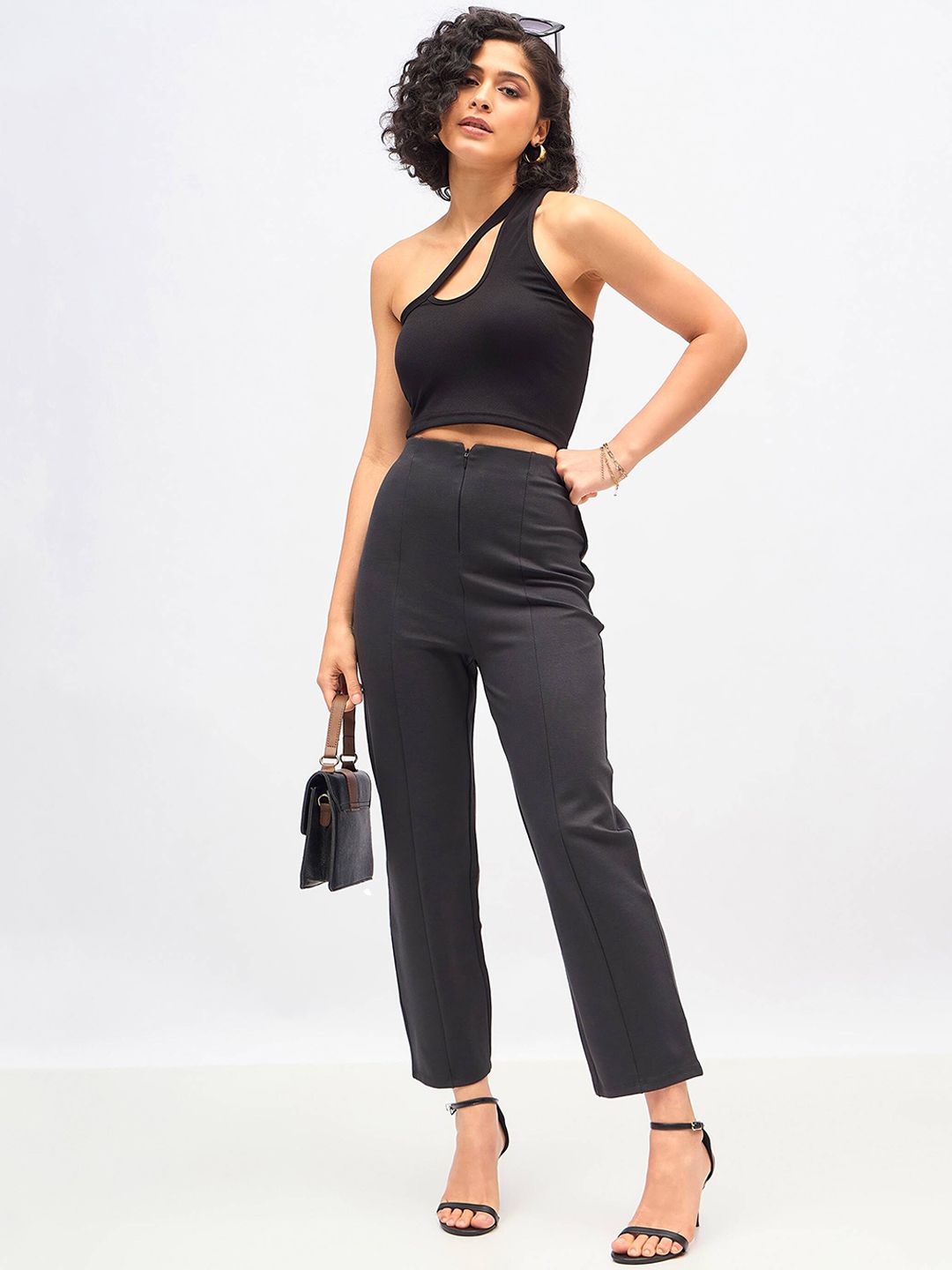 SASSAFRAS Women Charcoal Straight Fit High-Rise Pleated Trousers