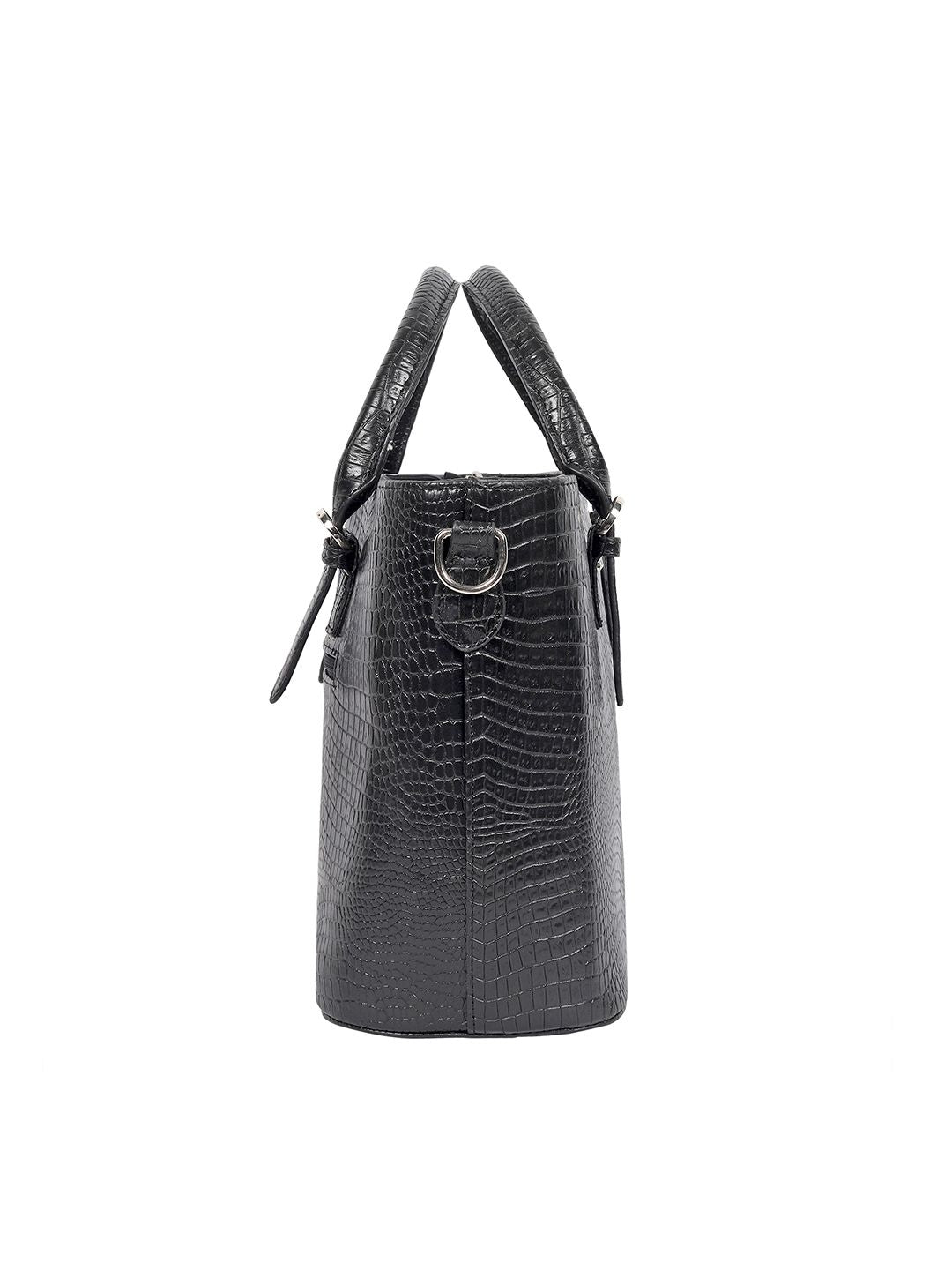 Lino Perros Black Croc-Textured Handheld Bag with Detachable Sling Strap
