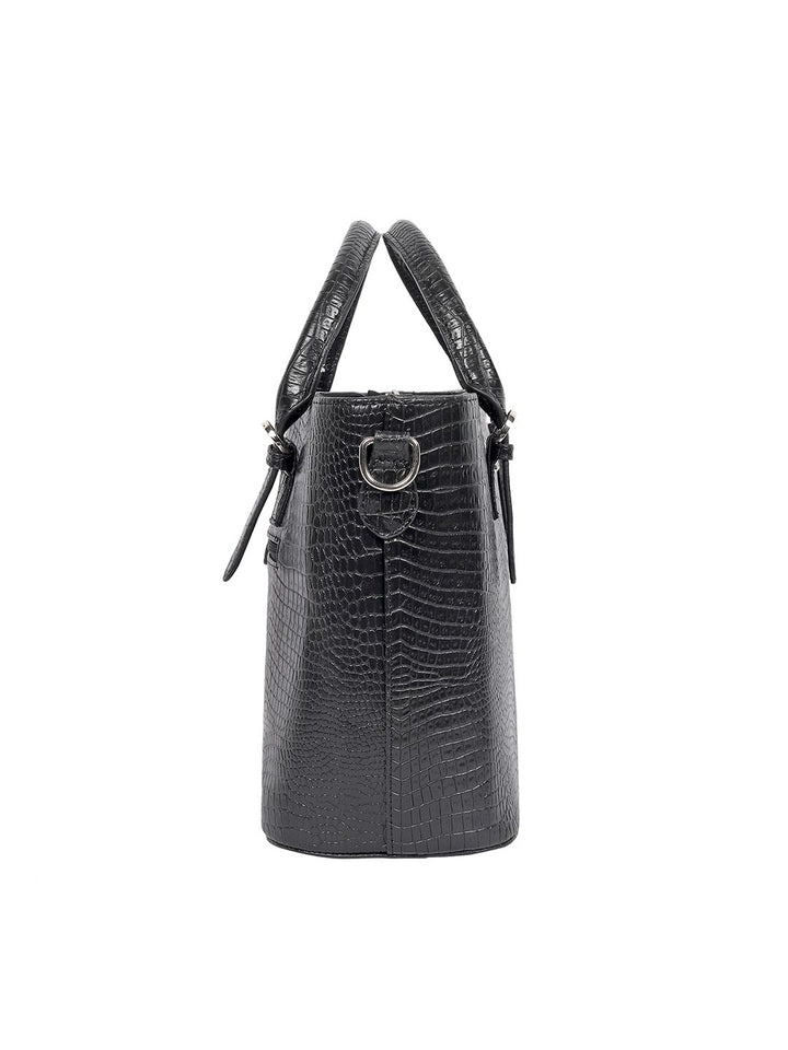 Lino Perros Black Croc-Textured Handheld Bag with Detachable Sling Strap