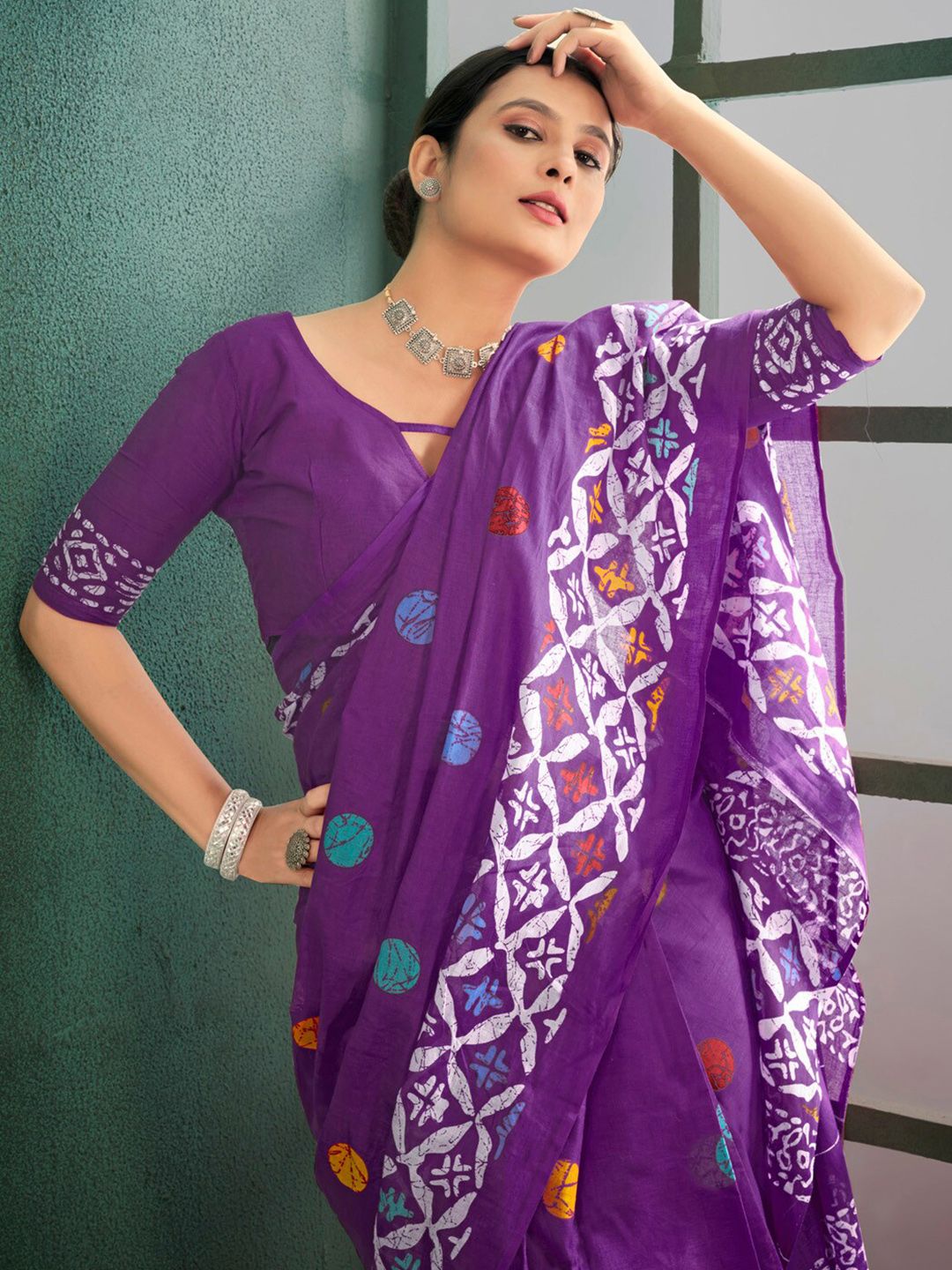 Saree mall Ethnic Motifs Pure Cotton Block Print Saree
