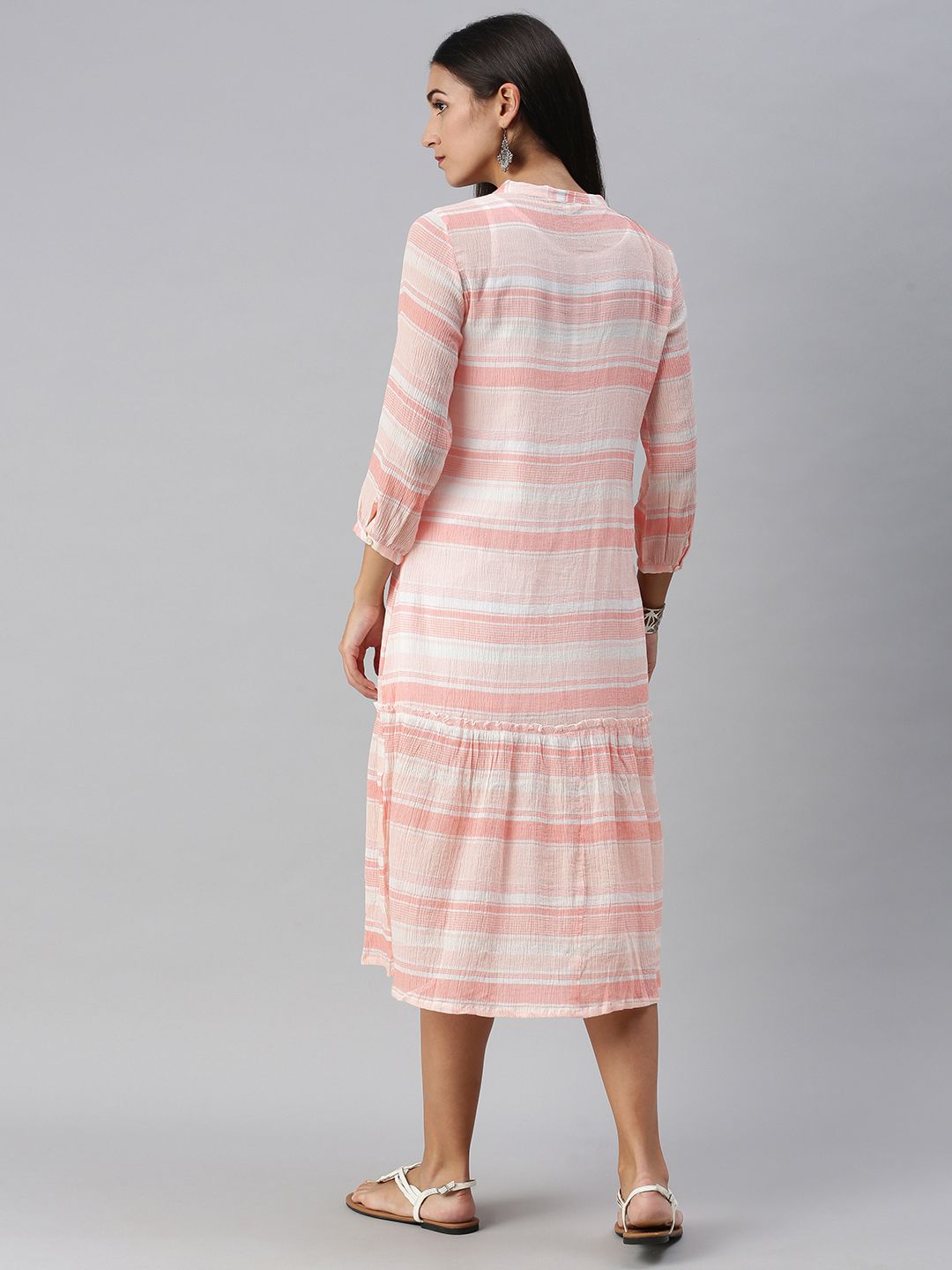 Global Desi Light Pink & White Striped Mandarin-Collar Tiered A-Line Dress
