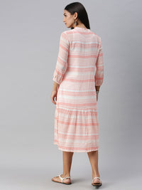 Global Desi Light Pink & White Striped Mandarin-Collar Tiered A-Line Dress