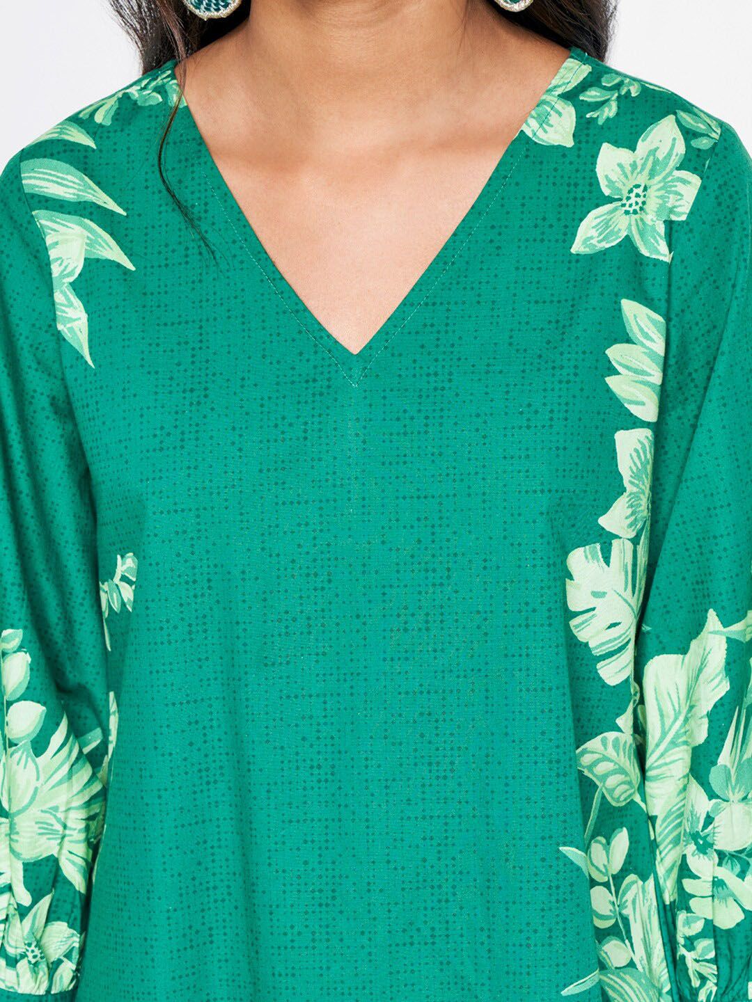 Global Desi Floral Printed Puff Sleeves Gathered Pure Cotton A-Line Dress