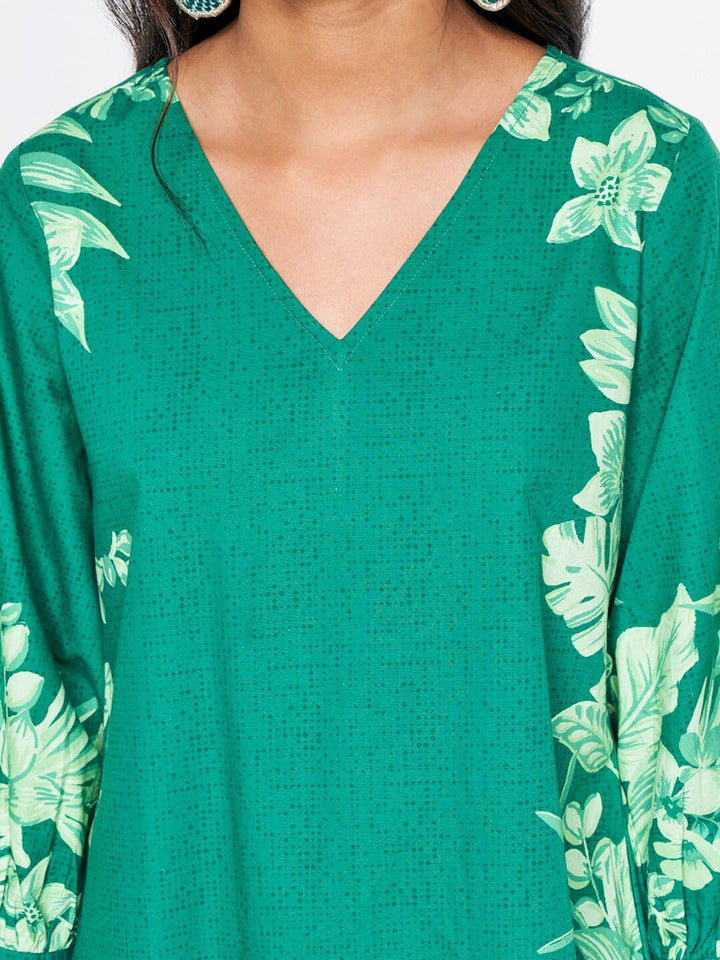Global Desi Floral Printed Puff Sleeves Gathered Pure Cotton A-Line Dress