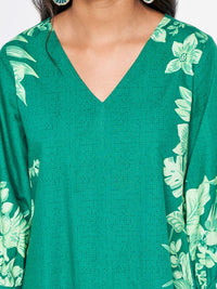 Global Desi Floral Printed Puff Sleeves Gathered Pure Cotton A-Line Dress