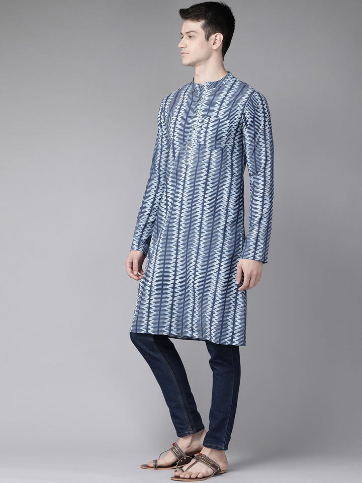 See Designs Men Blue Geometric Print Block Print Handloom Pure Cotton Straight Kurta