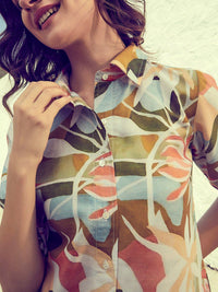 Athena Green & Brown Floral Printed Cotton Linen Dress