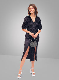 SASSAFRAS Black Abstract Printed Puffed Sleeves Velvet Front Button Top