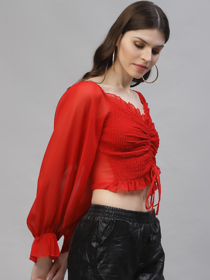 Athena Red Sweetheart Neck Puff Sleeves Georgette Crop Top