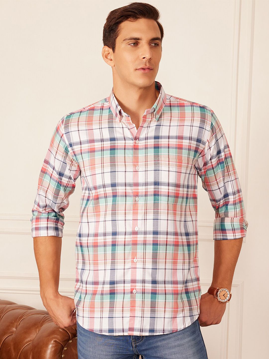 DENNISON Smart Regular Fit Tartan Checked Button-Down Collar Casual Shirt
