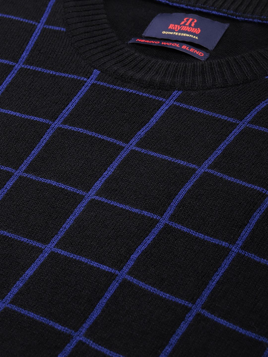Raymond Men Black & Blue Checked Round Neck Long Sleeves Pullover