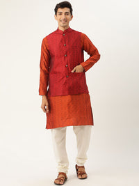SOJANYA Kurta Rekaan Tenun Motif Etnik Oren & Merah Lelaki dengan Jaket Churidar & Nehru