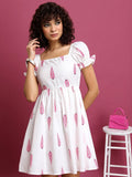 Vishudh White Ethnic Motif Printed PuffSleeve Fit & Flare Dress