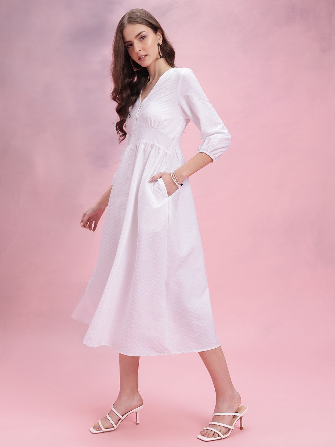 DressBerry Chevron Puff Sleeves A-Line Midi Dress