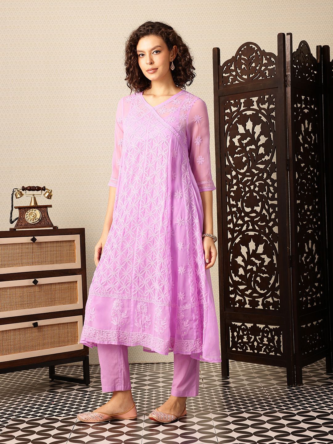 House of Pataudi Chikankari Embroidered Angrakha Jashn Kurta with Trousers & Dupatta