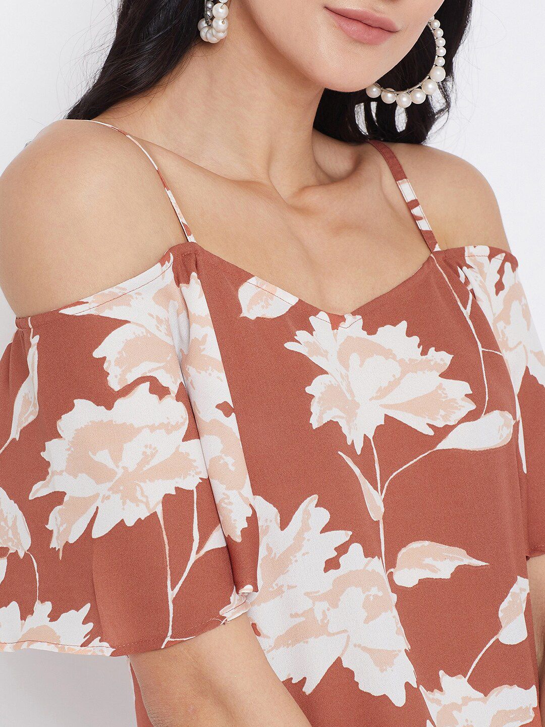 Berrylush Women Brown Printed Bardot Top