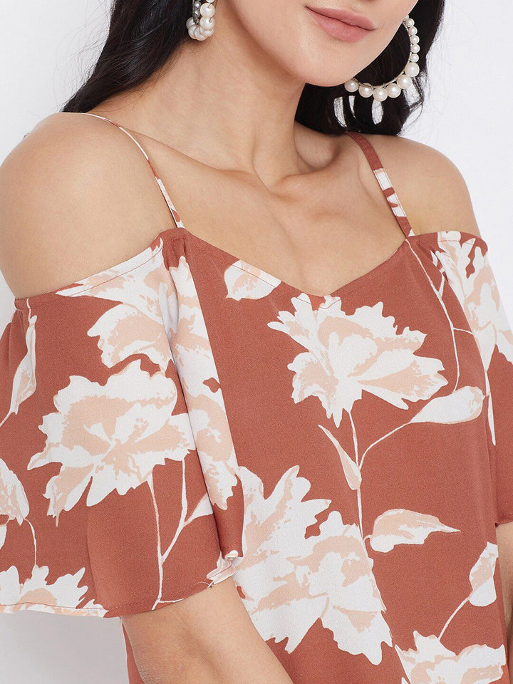 Berrylush Women Brown Printed Bardot Top