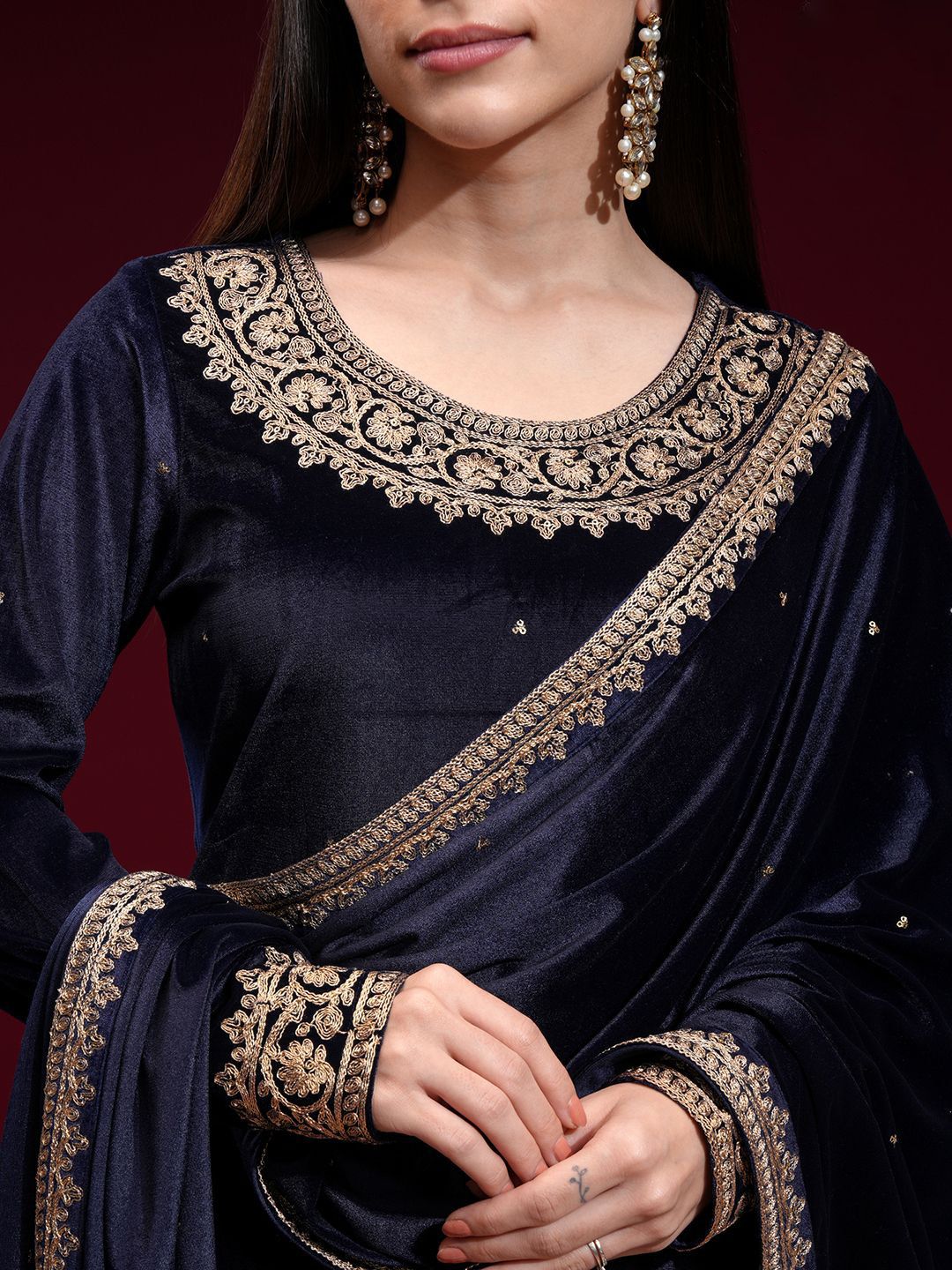 Vishudh Women Embroidered Velvet Straight Kurta with Slim Pants and Dupatta
