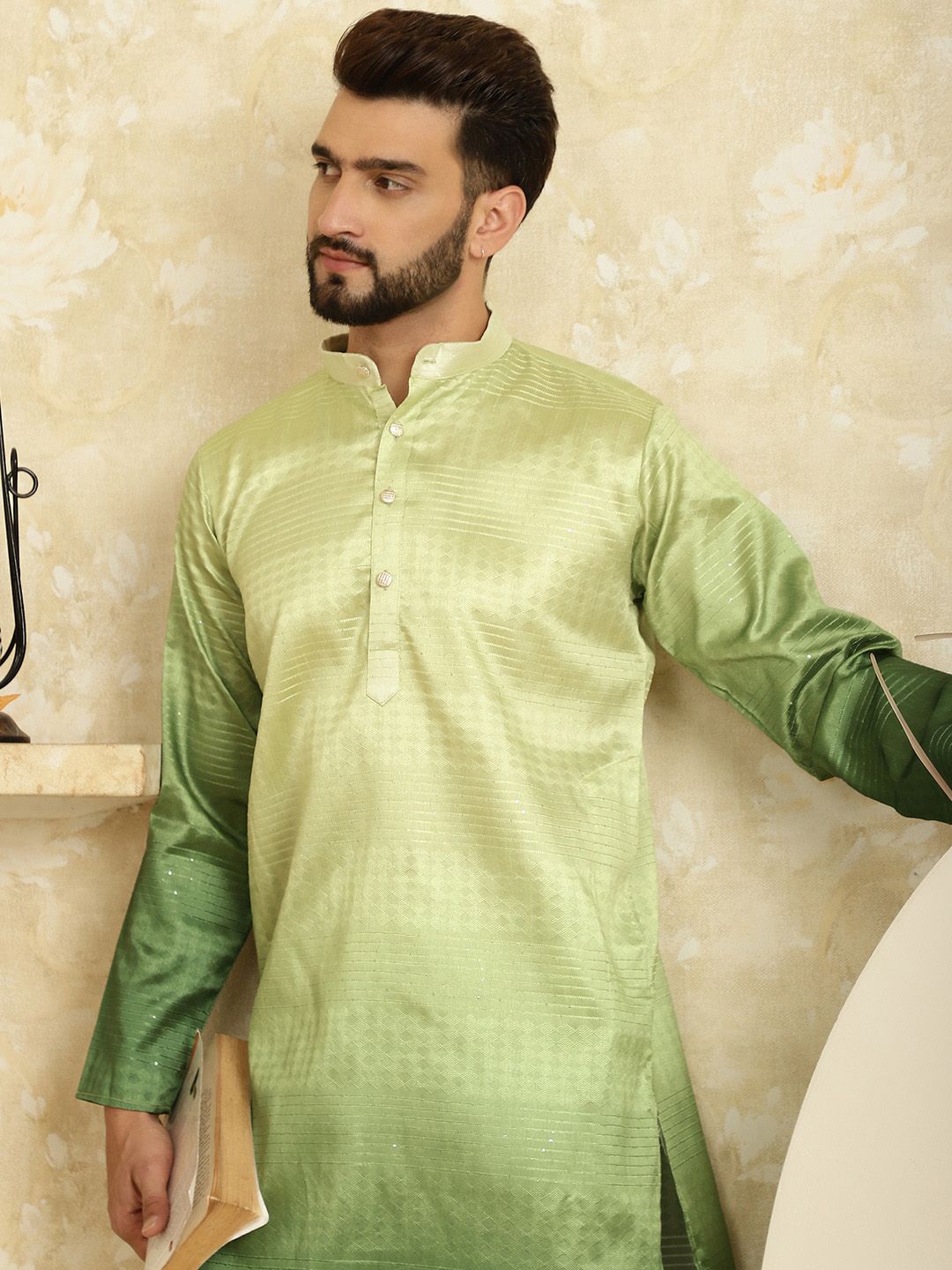 SOJANYA Striped Regular Sequined Jacquard Kurta With Churidar