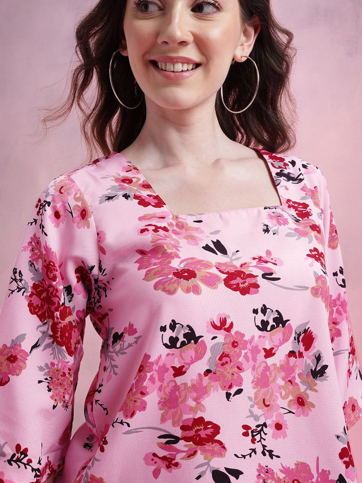 DressBerry Floral Print Square Neck Flared Sleeves Top