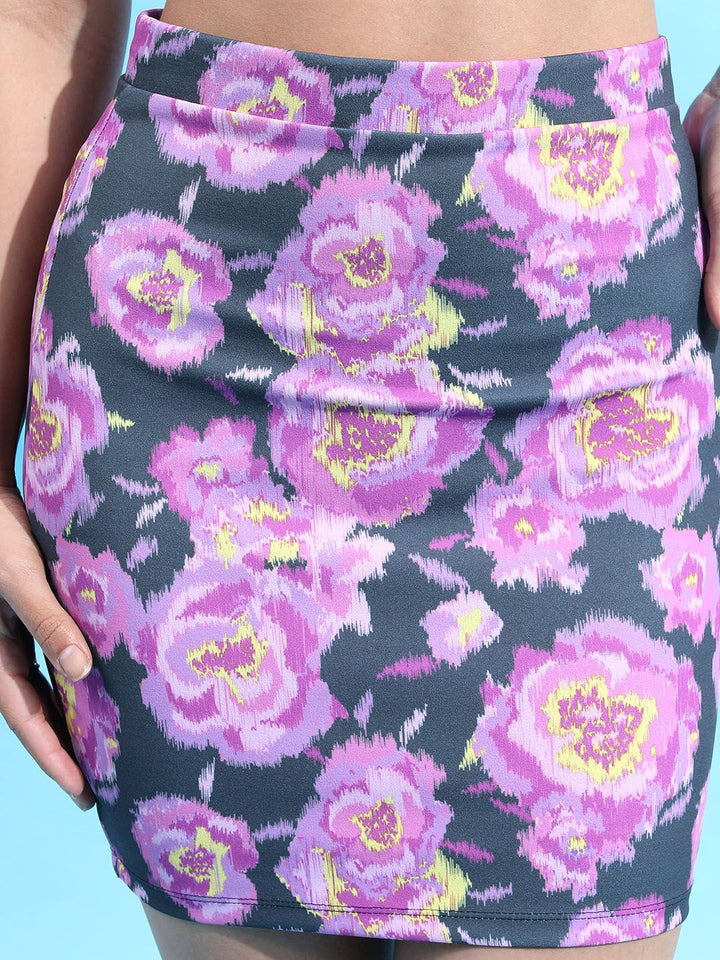 Tokyo Talkies Grey & Purple Floral Printed Mini Straight Skirt