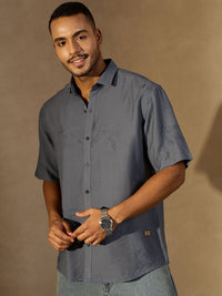 DENNISON Men Embroidered Oversized Spread Collar Short Slevees Casual Shirt