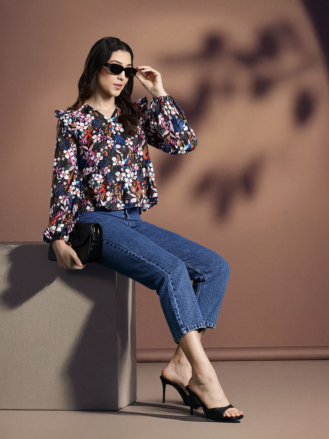DressBerry Floral Print Puff Sleeve A-line Top