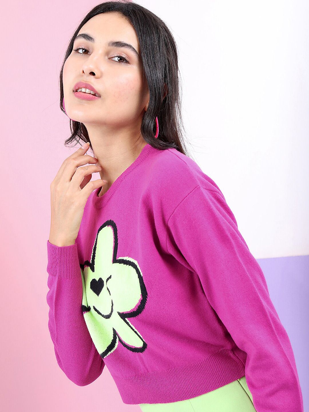 Tokyo Talkies Women Pink & Green Acrylic Floral Jacquard Crop Pullover