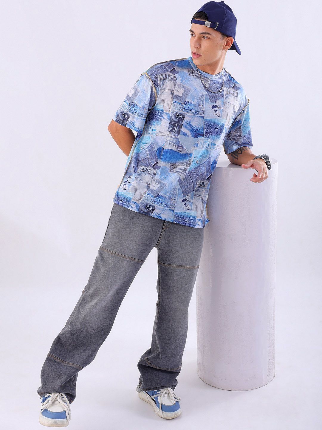 The Indian Garage Co Men Abstract Printed Neck Oversized T-shirt